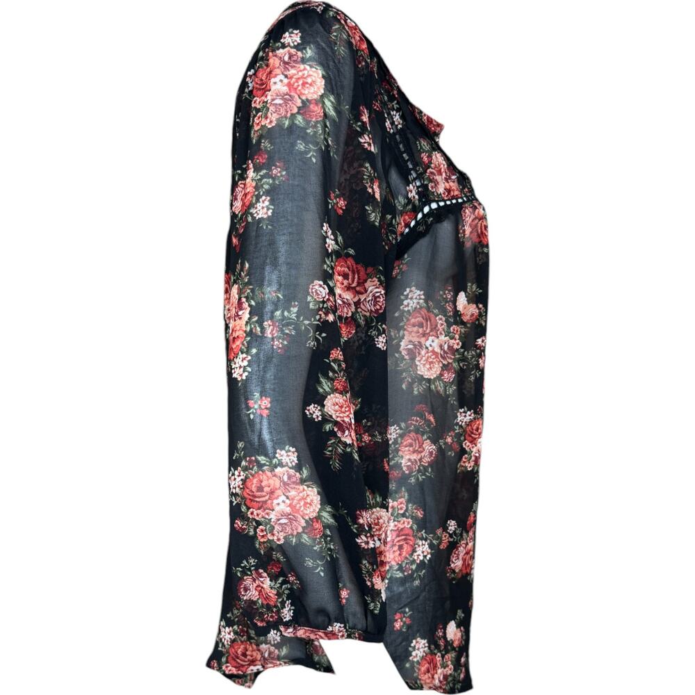 Mine Womens Large Black Floral Sheer 3/4‎ Length Sleeve Blouse - Picture 3 of 15